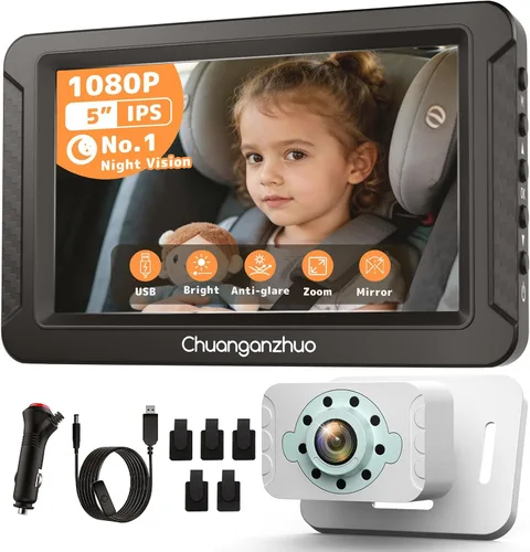Vista 11 de S100C - Cámara de coche para bebé alimentada por USB, visión nocturna cristalina para asiento trasero para bebé, ajuste de brillo y monitor IPS