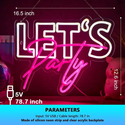 Vista 5 de Letrero de neón con texto en inglés "Let's Party", para decoración de pared, decoración de fiesta, luces LED de neón regulables por USB