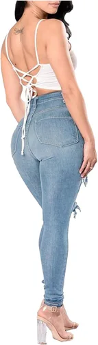 Vista 2 de TIMEMEANS Jeans sexys de mujer ajustados, lavados y desgastados, con agujeros rasgados, Suave, M