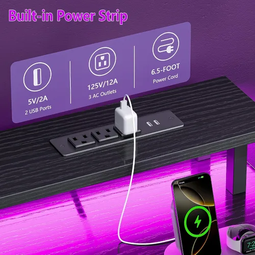 Vista 5 de Furologee Escritorio para juegos de 52 pulgadas con luces LED y tomas de corriente, escritorio reversible para computadora con 4 cajones, archivador