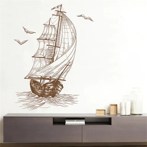 Vista 2 de Calcomanías de pared con diseño de gaviota, diseño de un velero, sacinora Travel Adventure, inspirador Wanderlust Velero, calcomanías de pared