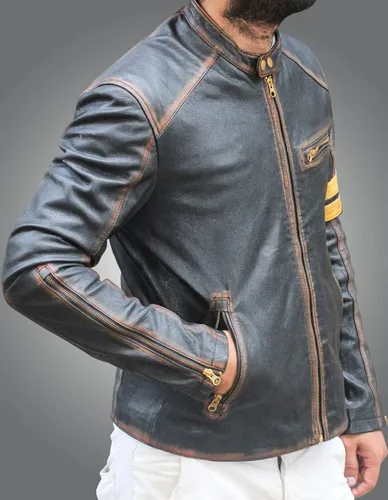 Vista 3 de Men's Elite Black Biker Vintage Motorcycle Distressed Cafe Racer Leather Jacket