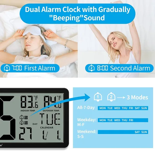 Vista 6 de Geevon Reloj atómico grande de 14.3 pulgadas con temperatura interior y exterior, reloj de pared digital que funciona con pilas, día y fecha