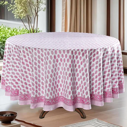 Vista 48 de Ridhi Mantel redondo estampado a mano color rosa flamenco 120 pulgadas 100%