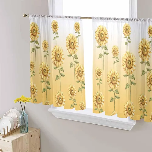 Vista 12 de Juego de paneles de cortinas de girasol, cortinas de gasa para cocina, cortinas de gasa de privacidad para sala de estar, dormitorio, decoración