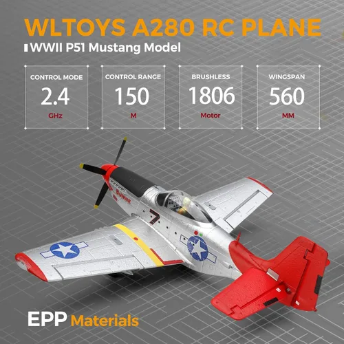 Vista 2 de CKYSCHN WLtoys XK A280 Avión RC, avión RC P51 Mustang de 4 canales con luces, aviones RC sin escobillas 6G/3D, avión de control remoto 2.4G, aviones