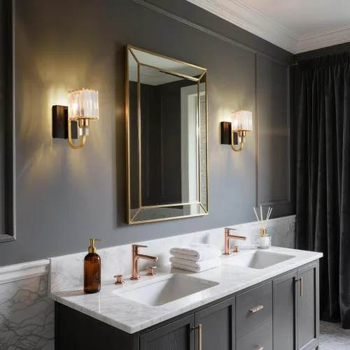 Vista 2 de Aplique de pared moderno de cristal con enchufe, lámpara de pared montada en negro dorado, lámpara de tocador enchufable con interruptor