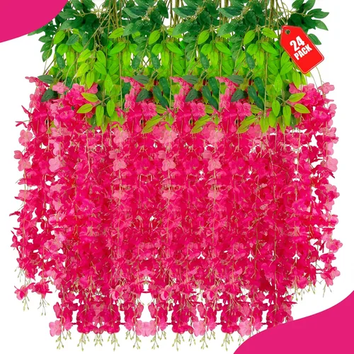 Vista 19 de Paquete de 12 flores colgantes de glicina rosa, flores colgantes falsas de 3.44 pies, guirnalda de glicina artificial para decoración de boda, telón