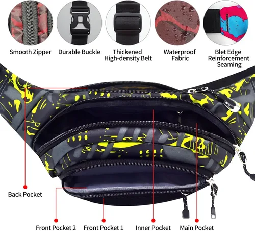 Vista 3 de NSYOOMH Bolsas de Cintura Grandes para Mujeres y Hombres, 5 Bolsillos con Cremallera Bolsas de Cintura Resistente al Agua, Prácticas para Correr al