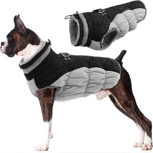 Vista 60 de Lelepet Abrigo cálido para perro, abrigo de invierno para perro, chaqueta impermeable para perros con arnés integrado reflectante de forro polar