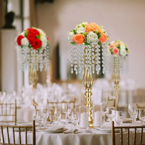 Vista 3 de Didaey - 16 centros de mesa de boda con lámpara de araña, color dorado, 21.3 pulgadas Gold Silver Vase, Tall Flower Stand with Crystal Drops for