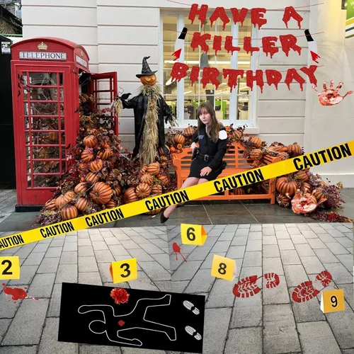 Vista 3 de Kit de decoración de escena del crimen de Halloween, cartel de cumpleaños con texto en inglés "Have a Killer", silueta corporal, cinta de escena