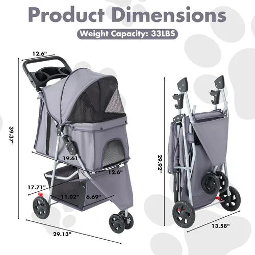 Vista 2 de DUMOS Cochecito para mascotas de 3 ruedas para perros y gatos pequeños – Cochecito plegable para perros con ventanas de malla, cesta