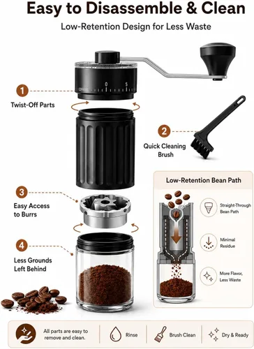 Vista 6 de Molinillo de café manual con rebabas de cerámica, 40 ajustes ajustables para expreso, V60, verter, campamento y viajes