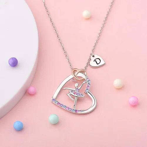 Vista 3 de ACJNA Ballerina Necklace - Sterling Silver - Dance Necklaces for Girls Initial Letter Ballet Jewelry Pendant Rainbow Colorful CZ Heart Silhouette