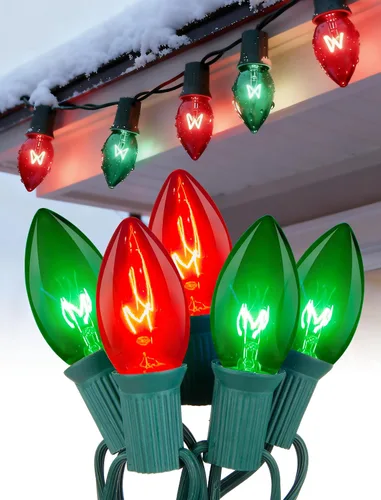 Vista 10 de Luces de Navidad C9 rojas y blancas de 25 pies, cadena de luces de Navidad C9 impermeables con 26 bombillas rojas y blancas, luces de Navidad