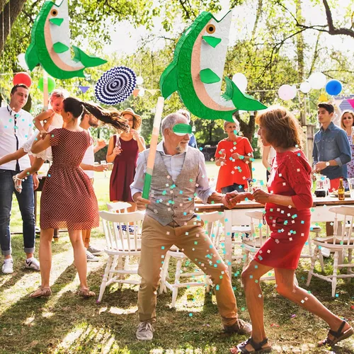 Vista 6 de Juego de pesca de piñata de pez verde, piñata oceánico bajo el mar, suministros para decoración de fiesta de adultos con palo de murciélago