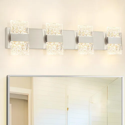 Vista 19 de Lámpara de tocador de baño moderna de cromo de 4 luces, elegantes accesorios de iluminación de baño de LED de cromo sobre espejo, accesorios