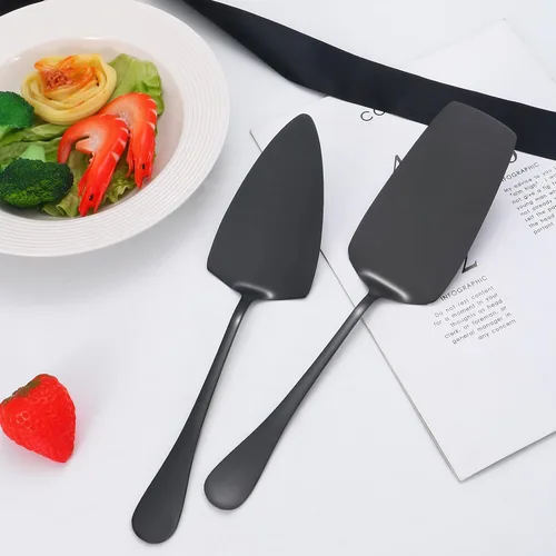 Vista 3 de Utensilios negros para servir, juego de 8 utensilios de acero inoxidable para servir, incluye cucharas de servir, tenedor de servir, cucharón