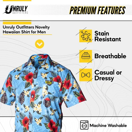 Vista 2 de Unruly Outfitters Camisa hawaiana para hombre, diseño de granadas azules con botones, divertidas camisas con armas de flores con pistolas