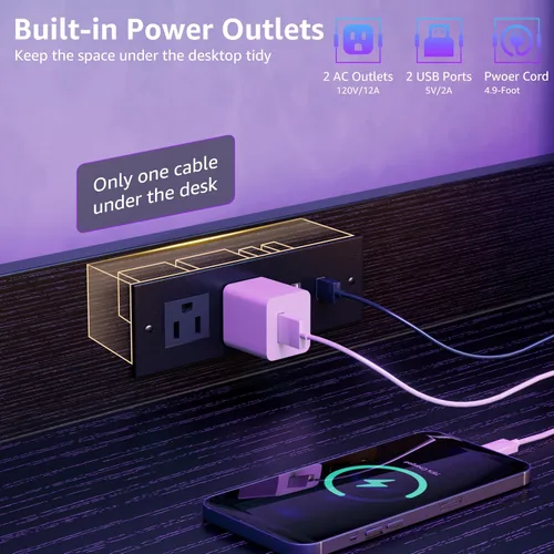 Vista 4 de Escritorio pequeño para juegos de 40 pulgadas con estantes de tablero de clavijas, escritorios para computadora con luces LED, tomas de corriente