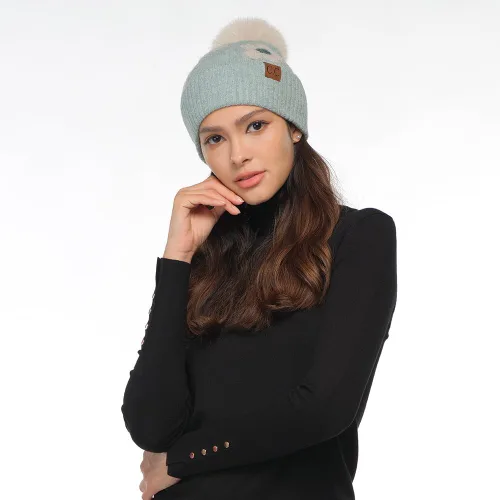 Vista 3 de C.C Southwest - Gorro de punto con pompón para mujer, unisex, elástico, suave, cálido, con piel sintética, gorro de invierno