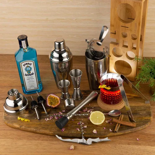 Vista 2 de Mixology Bartender Kit de 16 piezas de coctelera de acero inoxidable de alta calidad y elegante soporte de bambú Perfecto para mezclar bebidas