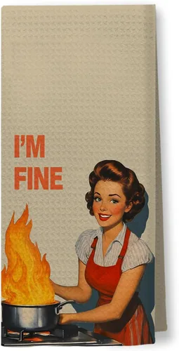 Vista 11 de Toallas de Cocina Divertidas "I'm Fine", Toallas Decorativas de Cocina y Té Estilo Ama de Casa Retro de los 50s, Toallas de Mano de Humor Sarcástico