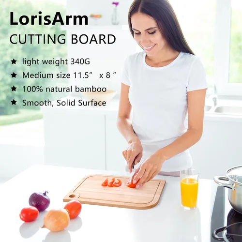 Vista 5 de LorisArm Tabla de cortar de madera de bambú pequeña de 11.5 x 8 pulgadas, tabla de cortar frutas de madera ligera para el hogar.