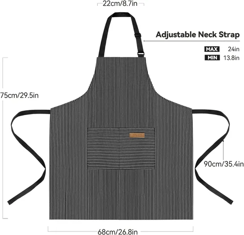 Vista 2 de NLUS Paquete de 2 delantales de cocina ajustables con babero, delantal de chef suave con 2 bolsillos para hombres y mujeres (rayas negras)