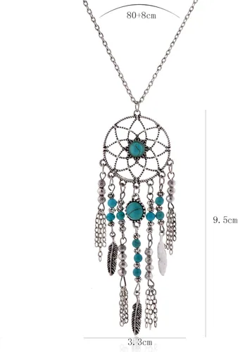 Vista 4 de Lureme Collar atrapa sueños con cadena larga turquesa nativo de Estados Unidos (01003467)