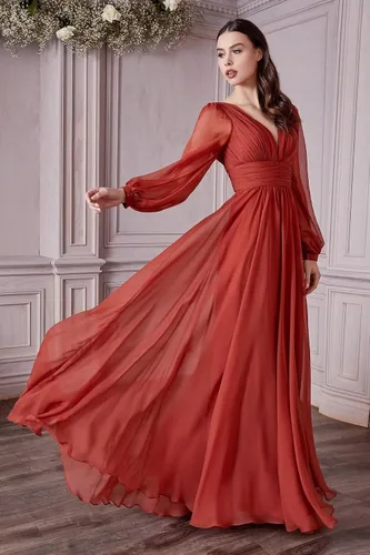 Vista 3 de Vestidos de fiesta de gasa de manga larga con cuello en V, vestido de fiesta de noche fruncido, vestido largo bohemio de boda para novia