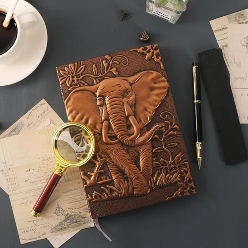 Vista 6 de FEIDIAO Cuaderno vintage de cuero con relieve de elefante con bolígrafo/funda para bolígrafo, cuaderno de tapa dura A5, para bloc de notas
