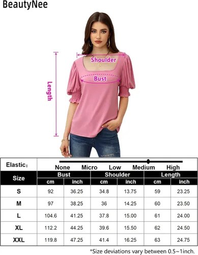 Vista 6 de BeautyNee Blusa de manga abombada con cuello cuadrado para mujer, color liso, túnica elástica
