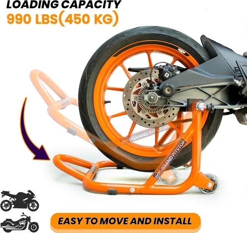 Vista 2 de GRAND PITSTOP Soporte para motocicleta, soporte de elevación de paddock para rueda trasera con horquilla y bobina de basculante, capacidad