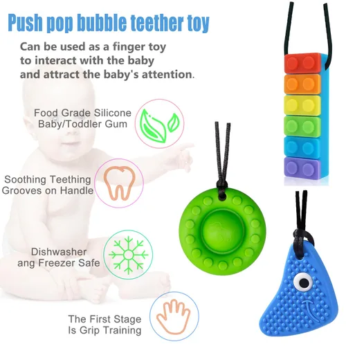 Vista 2 de Collares masticables para niños sensoriales, paquete de 5 juguetes sensoriales de silicona para masticar, collar masticable multiestilo, ayuda