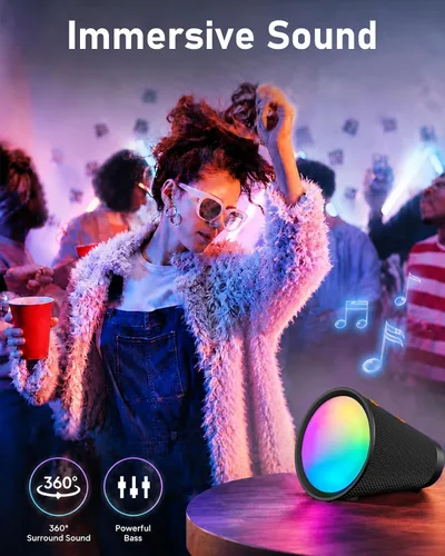 Vista 2 de Altavoz Bluetooth portátil inalámbrico con 9 luces de color, tiempo de reproducción de 20 horas, emparejamiento estéreo, graves profundos, IPX6 Negro