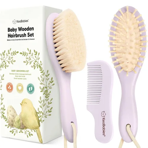 Vista 11 de Juego de cepillo y peine para cabello de bebé para recién nacidos - Juego de cepillos de madera para cabello de bebé con cerdas suaves de cabra