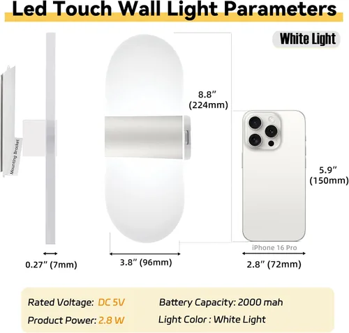 Vista 4 de Modernos apliques de pared, 2 lámparas de pared LED acrílicas para sala de estar, dormitorio, pasillo, funciona con pilas USB recargable, luz