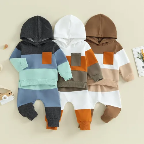 Vista 3 de Conjunto de pantalones para bebés y niños, sudadera larga con capucha y bloques de color, conjunto de ropa para otoño e invierno