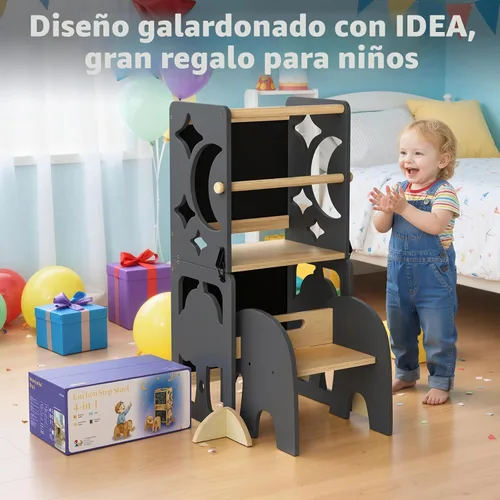 Vista 6 de COSYLAND - Taburete de cocina 4 en 1 para niños pequeños Elefante gris y natural
