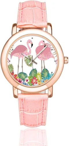 Vista 2 de Funny Flamingo Bird - Reloj de pulsera para mujer, chapado en oro rosa, correa de cuero rosa