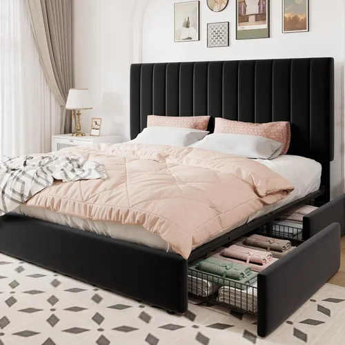 Vista 13 de Allewie Base de cama de almacenamiento de tamaño matrimonial, cabecera ajustable capitoné de canal vertical, plataforma tapizada de terciopelo con 4