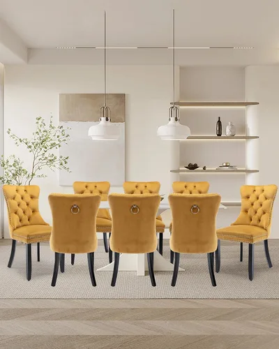 Vista 136 de Juego de 2 sillas de comedor de terciopelo con patas de madera, color beige Mid Century Modern Dining Chairs,Upholstered Chairs with Nailhead