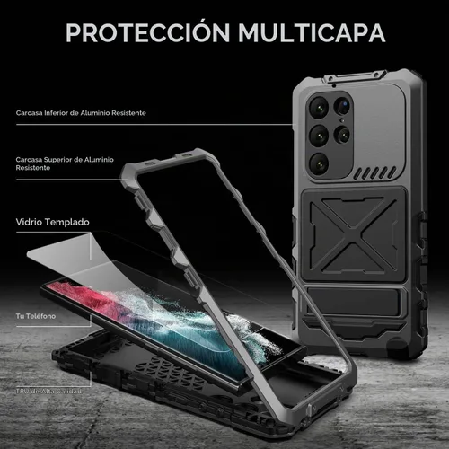 Vista 3 de Simicoo Samsung S23 Ultra - Funda de metal para parachoques, color negro, resistente Armor Defender con Gorilla Glass integrado, protección de grado