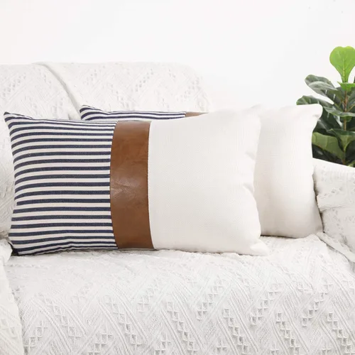 Vista 18 de Cygnus - Juego de 2 fundas de almohada de 16 x 16 pulgadas hechas de lino y de la unión de distintas telas con diseño de rayas para decoración Negro