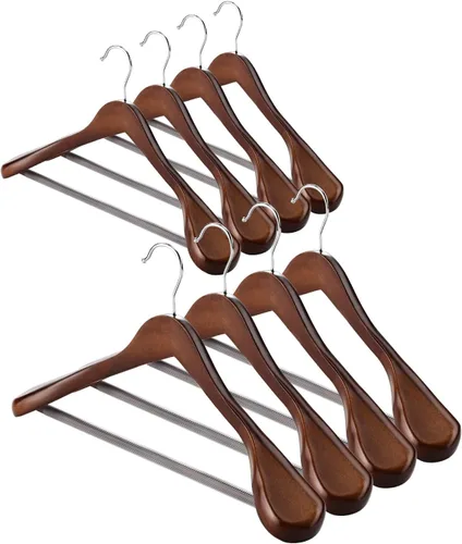Vista 9 de AMKUFO Perchas de madera de hombro ancho, paquete de 8 perchas con barra antideslizante para pantalones, perchas de madera resistentes con acabado