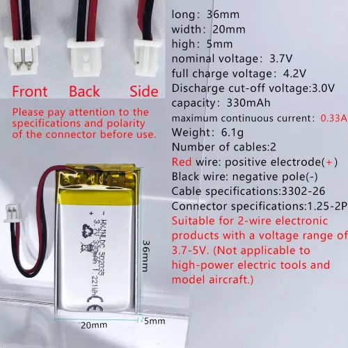 Vista 2 de DC 3.7V 330mAh 502035 Batería recargable de polímero de litio, adecuada para productos electrónicos de bricolaje 3.7-5V con reemplazo de batería