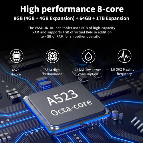 Vista 6 de VASOUN Tablet Android 13 de 10 pulgadas, (expansión de 4+4 GB) RAM 64 GB de almacenamiento 2 en 1 tabletas con WiFi 2.4/5G, BT 5.0, funda de cuero