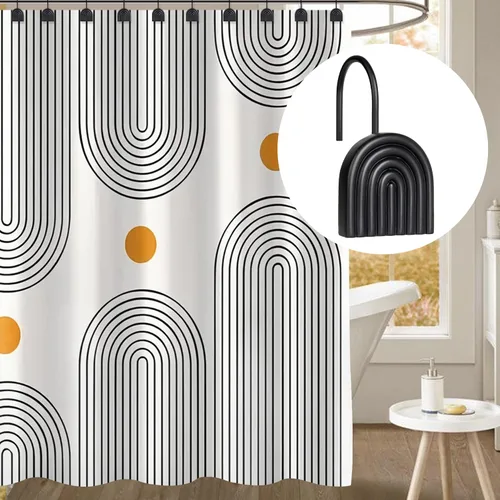 Vista 2 de Sunlit Ganchos decorativos para cortina de ducha modernos de mediados de siglo, anillos de cortina de ducha geométricos negros para baño, resina